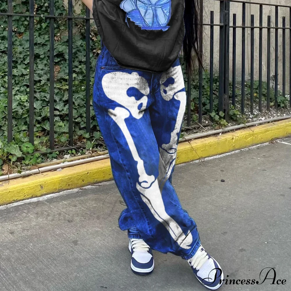 Personality Skull Print High Waist Straight Leg Slouchy American Street Y2K Jean - Image 8