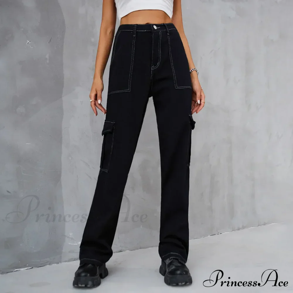 Vintage Baggy Wide Leg Streetwear Straight Denim Pockets Cargo Jean - Image 2
