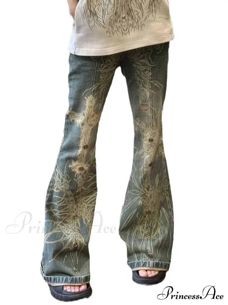 Retro Wash Print Flare Female High Waist Draped Casual American Spice Beaded Old Slim Straight Jean - Image 5