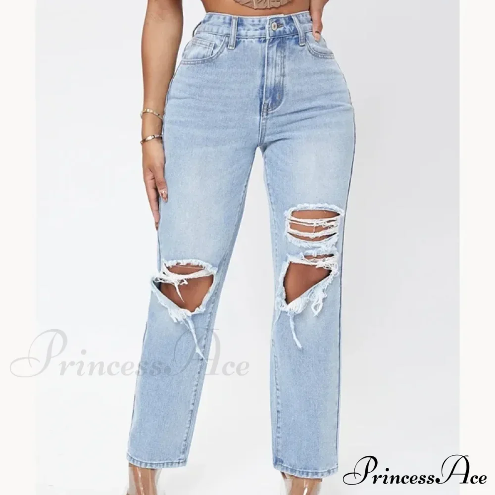 Ripped Women's Casual Fashion High Waist Straight Leg Loose Denim Ladies Streetwear Jean - Image 2