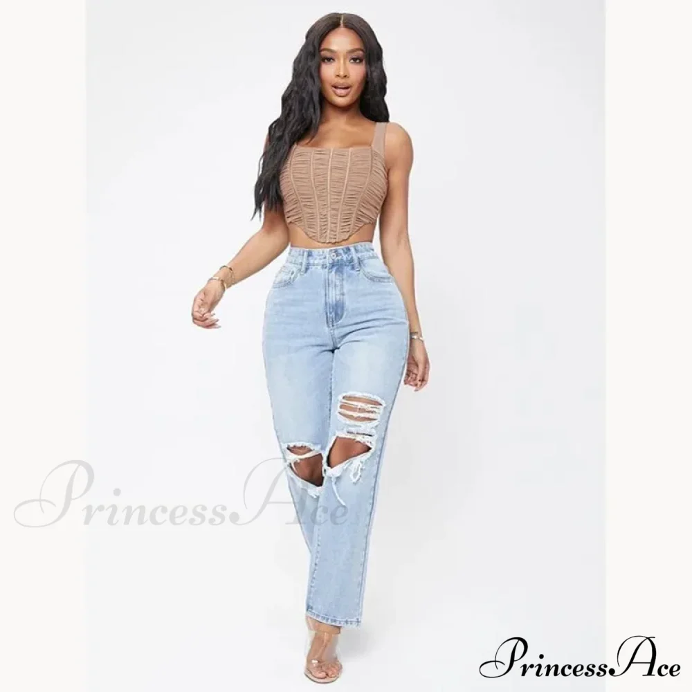 Ripped Women's Casual Fashion High Waist Straight Leg Loose Denim Ladies Streetwear Jean - Image 4