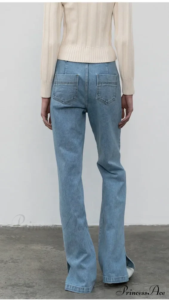 High Quality Women Spring and Autumn All-match Side Slit Straight High Waist Bootcut Jean - Image 3
