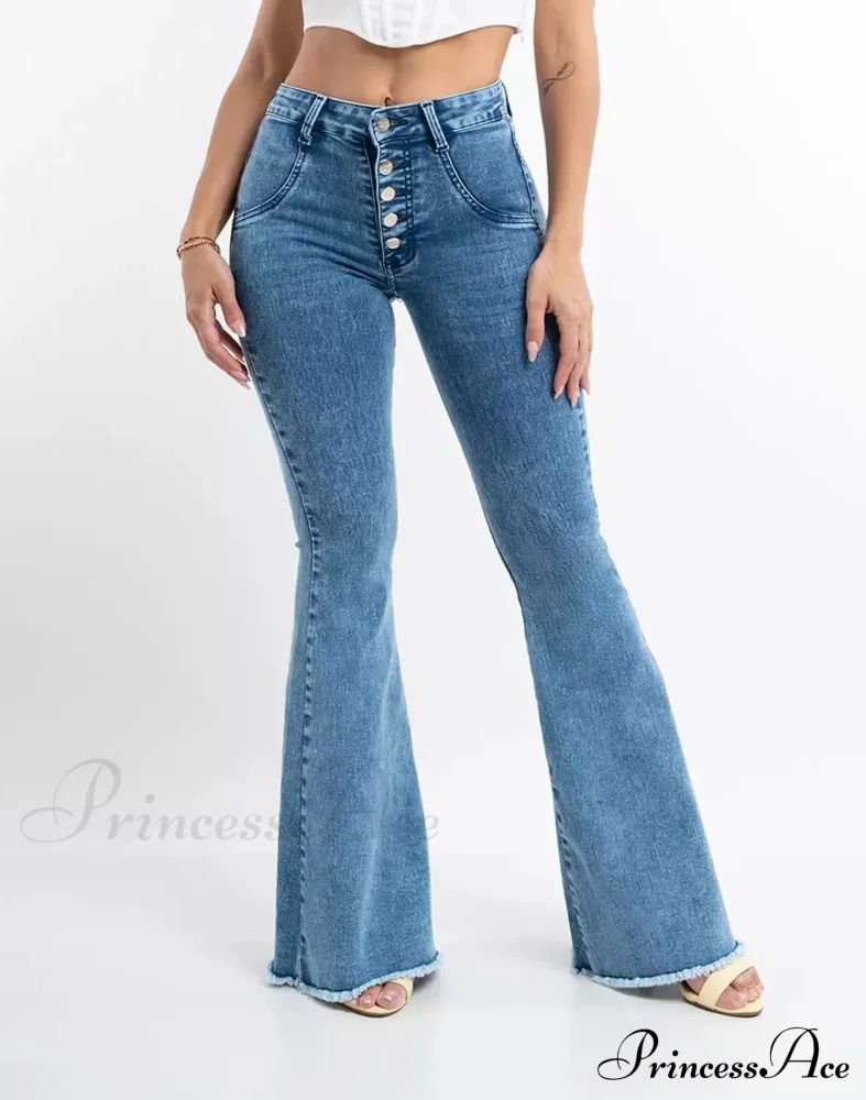 Skinny Flare for Women High Waist Button Lady Sexy Push Up Denim Bell Bottom Jean - Image 2
