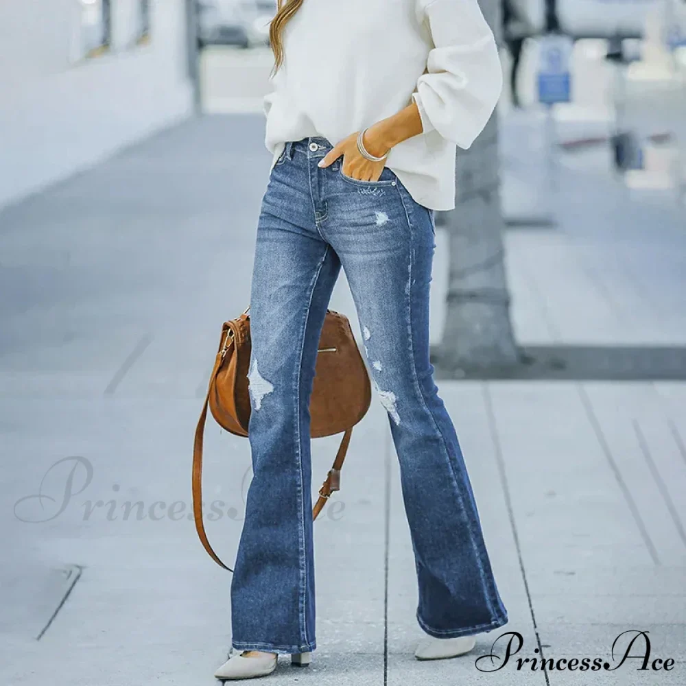 Women's Flare Stretch Vintage Fashion Streetwear Ripped Casual High Waist Full Length Slim Jean - Image 3