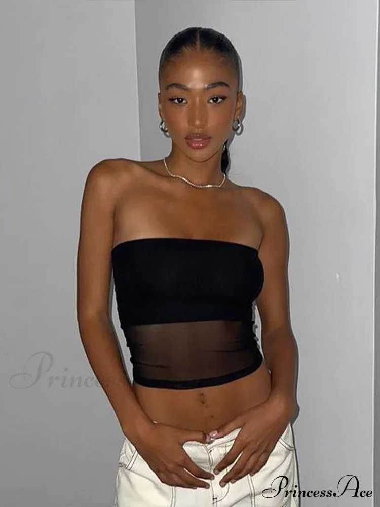 Mesh Patchwork Sexy Off Shoulder Slim Tank Crop Top - Image 3