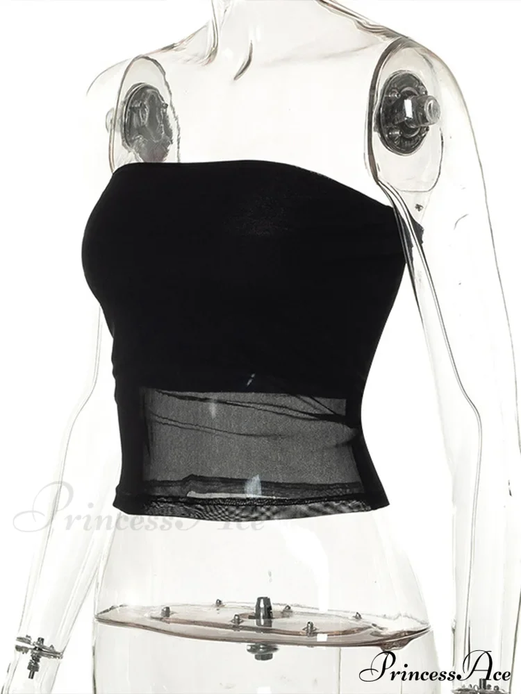 Mesh Patchwork Sexy Off Shoulder Slim Tank Crop Top - Image 5