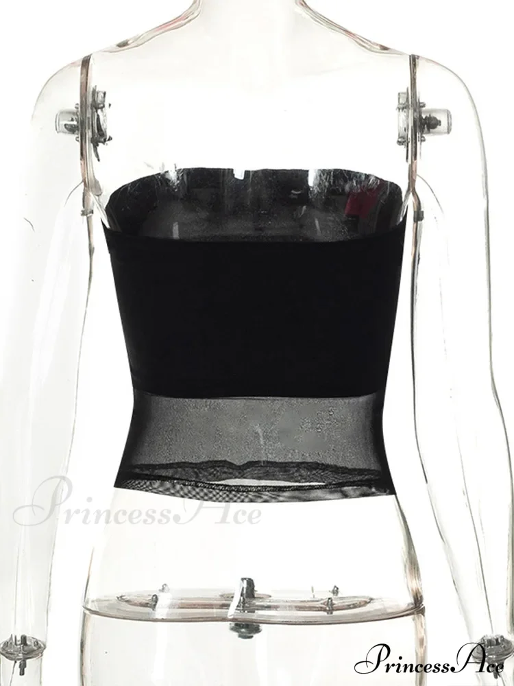 Mesh Patchwork Sexy Off Shoulder Slim Tank Crop Top - Image 6