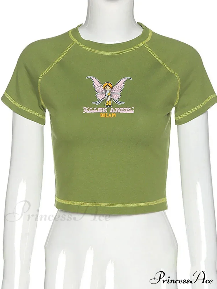 Butterfly Graphic Green Short Sleeve Vintage Tee Crop Top - Image 6