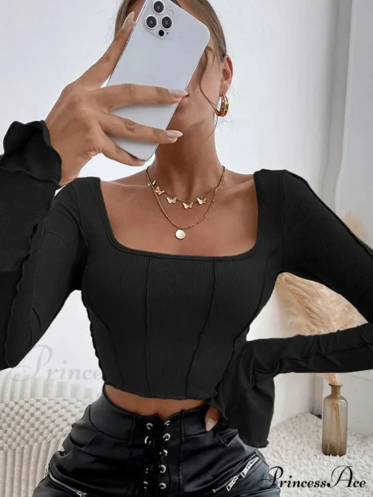 Long Sleeve Black Backless Sexy Y2K Knitted Crop Top - Image 7