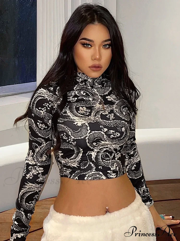 Dragon Printed High Collar Slim T-shirt Crop Top - Image 2