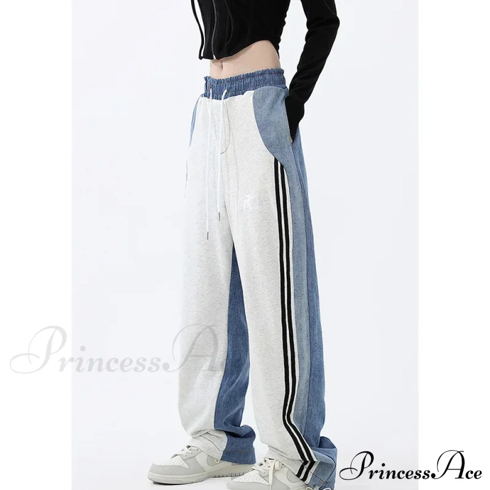 Contrast Color Women High Waist Straight Cropped High Street Drawstring Tie Up Sweatpants Cylinder Lady Wide Leg Jean - Image 8