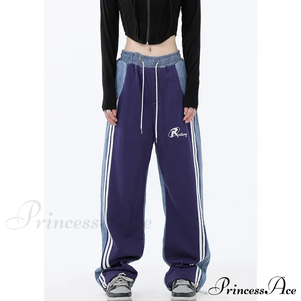 Contrast Color Women High Waist Straight Cropped High Street Drawstring Tie Up Sweatpants Cylinder Lady Wide Leg Jean - Image 9