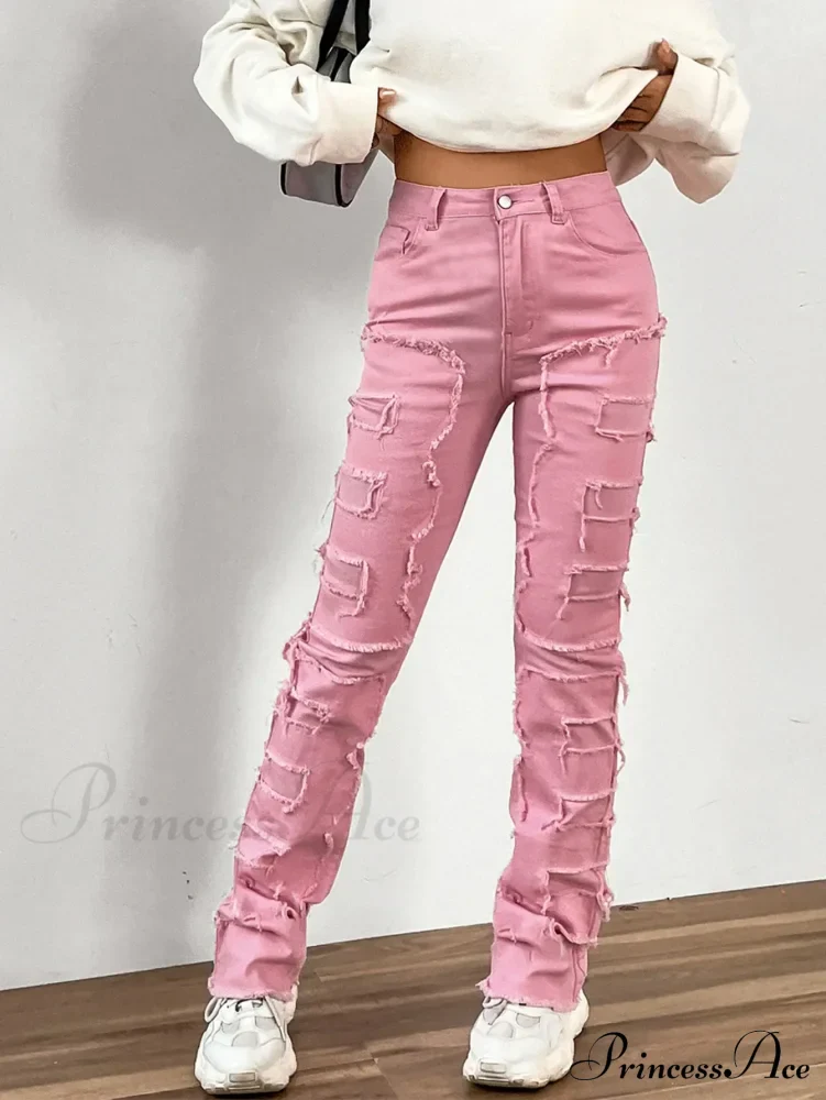 New European and American Streetwise Stretch Patch for Women High Street Straight Fit Long Women's Jean