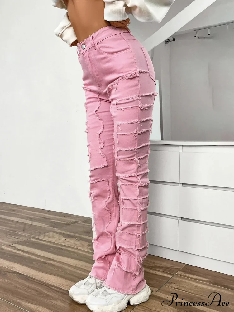New European and American Streetwise Stretch Patch for Women High Street Straight Fit Long Women's Jean - Image 3