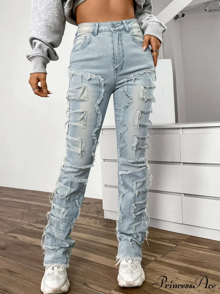 New European and American Streetwise Stretch Patch for Women High Street Straight Fit Long Women's Jean - Image 4