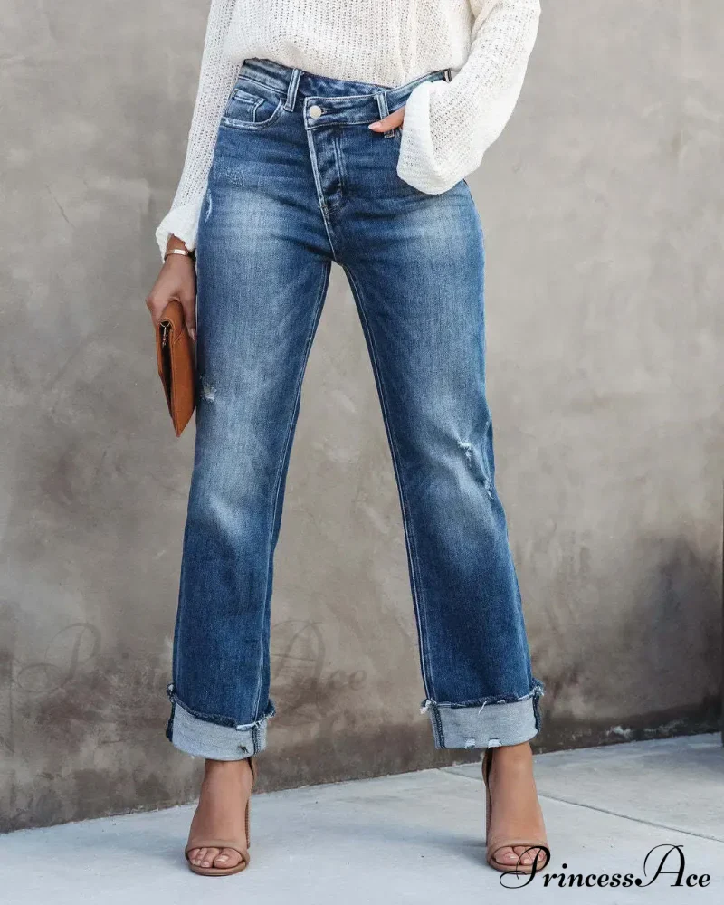 New Casual Loose Women's Wash Button Pockets High Waist Denim Abrade Elegant Jean - Image 5