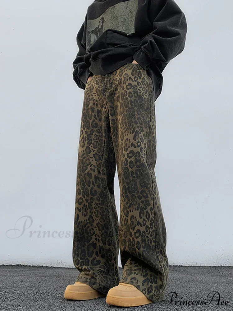 Y2K Leopard Print Wide Leg Women High Waisted Fashion Streetwear Retro Denim Baggy Casual Straight Jean