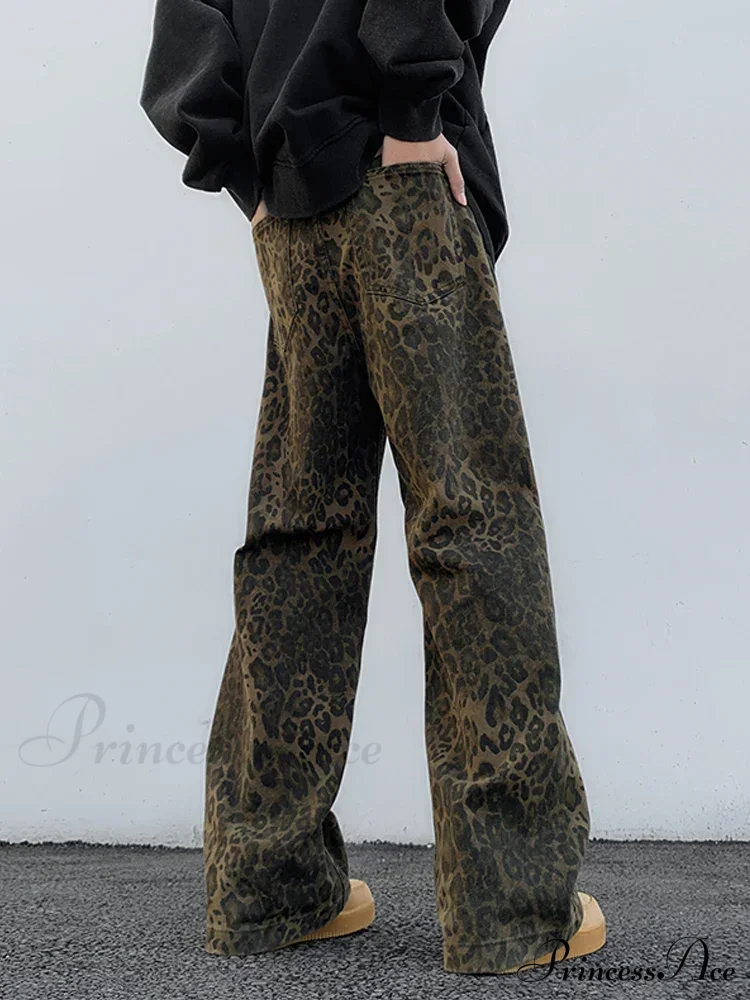 Y2K Leopard Print Wide Leg Women High Waisted Fashion Streetwear Retro Denim Baggy Casual Straight Jean - Image 3