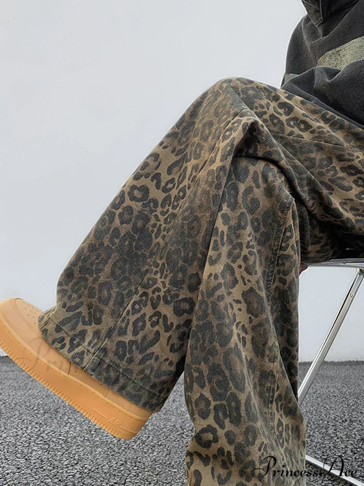 Y2K Leopard Print Wide Leg Women High Waisted Fashion Streetwear Retro Denim Baggy Casual Straight Jean - Image 6