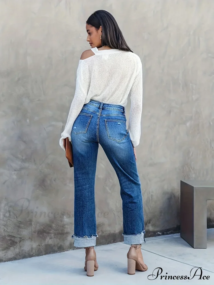 Asymmetrical Waist Casual Straight Loose Fit Rolled Hem Denim Jean - Image 3