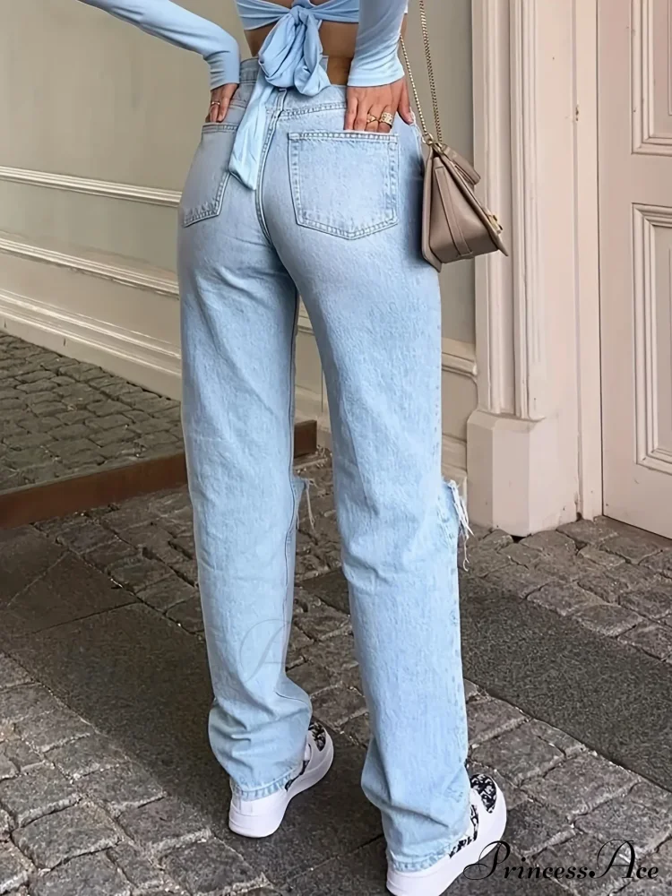 Blue Ripped Holes Straight Loose Fit Slant Pockets Non-Stretch Casual Denim Jean - Image 5