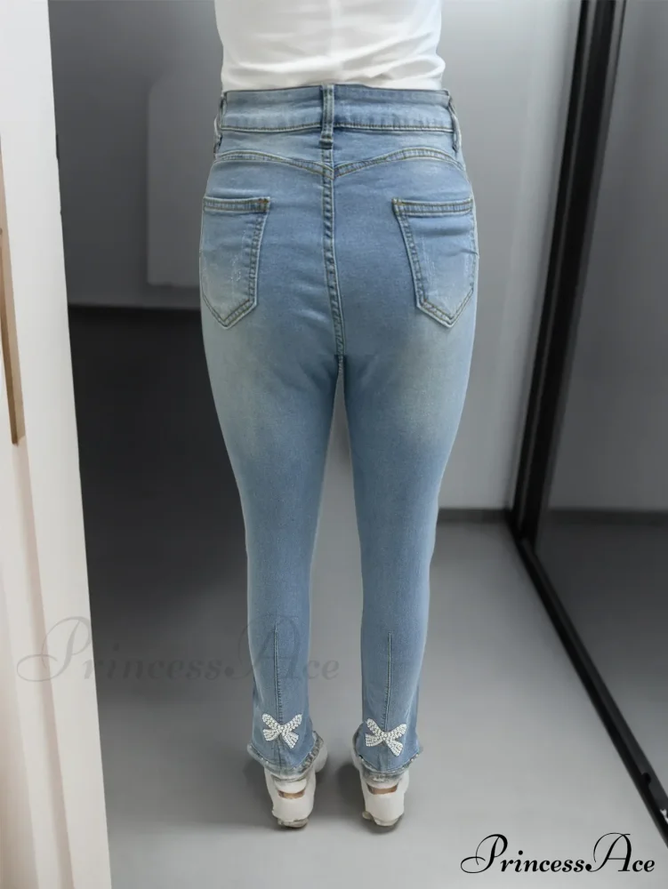Women's Blue High-Stretch Skinny with Faux Pearl Decor and Slim Fit - Stylish and Comfortable Denim Jean - Image 5