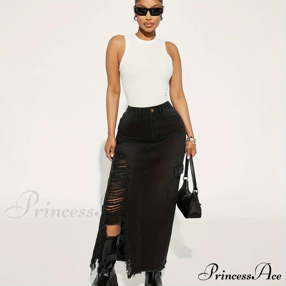 Black Flap Pockets Denim Midi Skirt Raw Hem Distressed Washed Cargo Denim Skirt Jean - Image 5