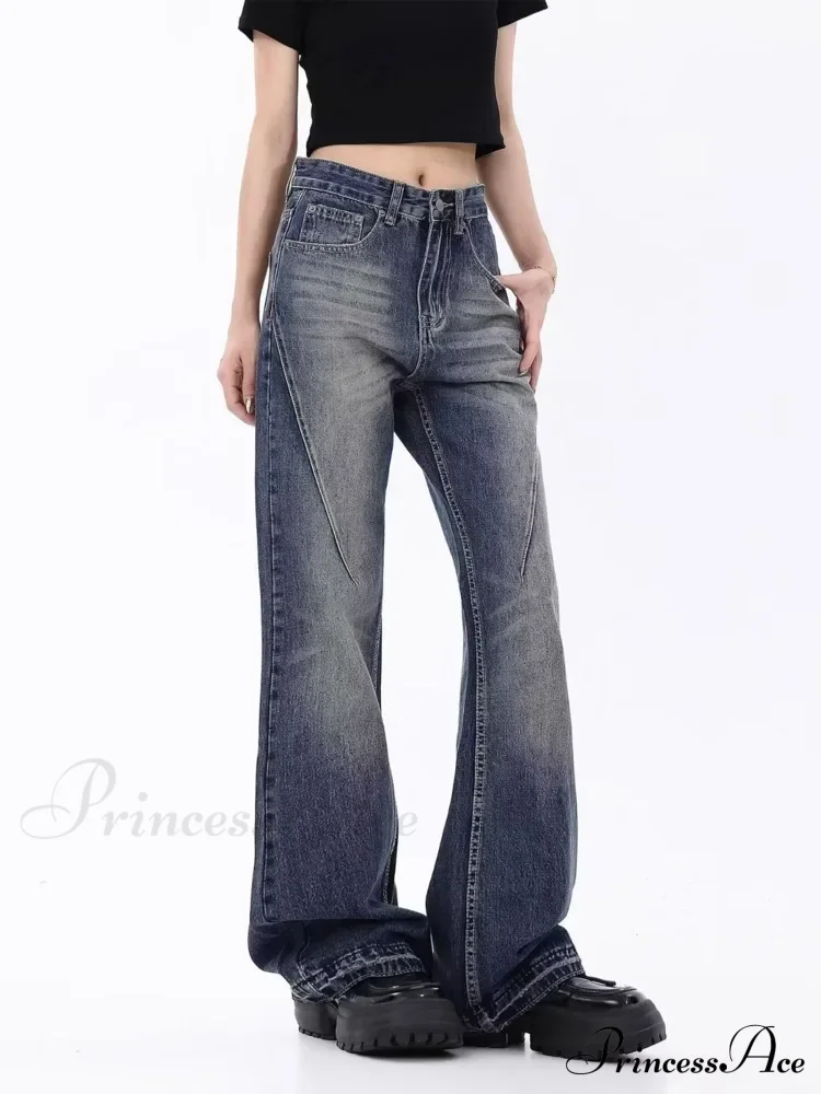 Retro Blue Slim Fit Micro Flare Spring And Autumn Loose Spliced Lines Drop Feel Trendy Jean - Image 3