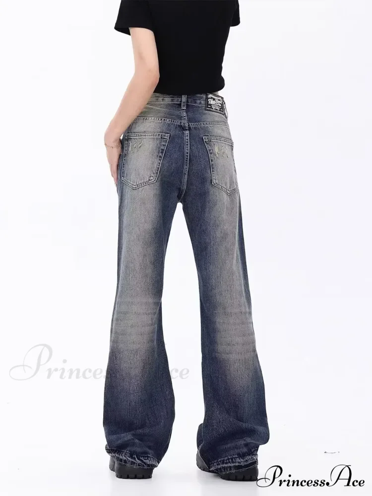 Retro Blue Slim Fit Micro Flare Spring And Autumn Loose Spliced Lines Drop Feel Trendy Jean - Image 5