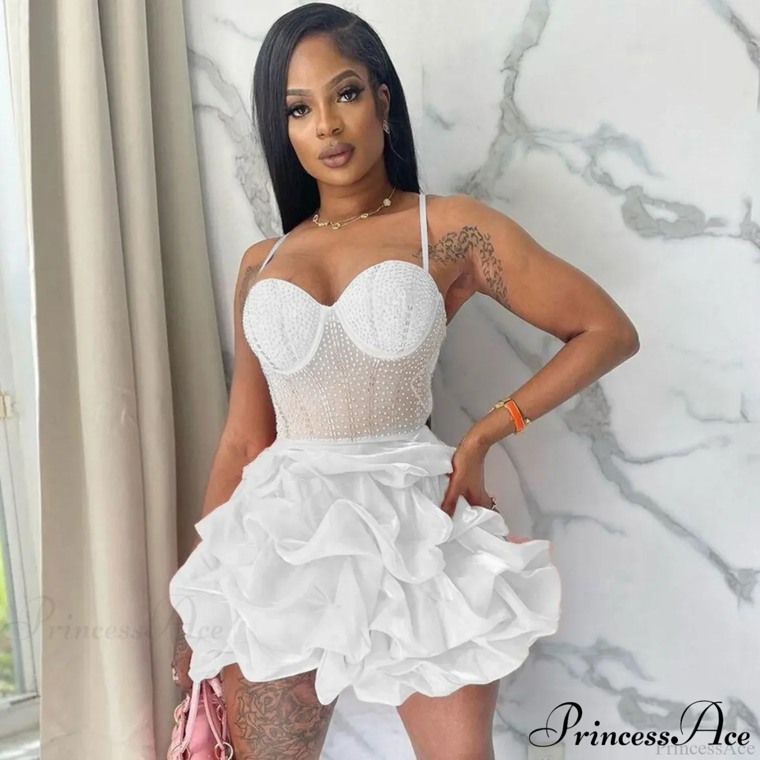 Sexy Fitted Rhinestone Elastic Tiered Cami Dress - Image 5