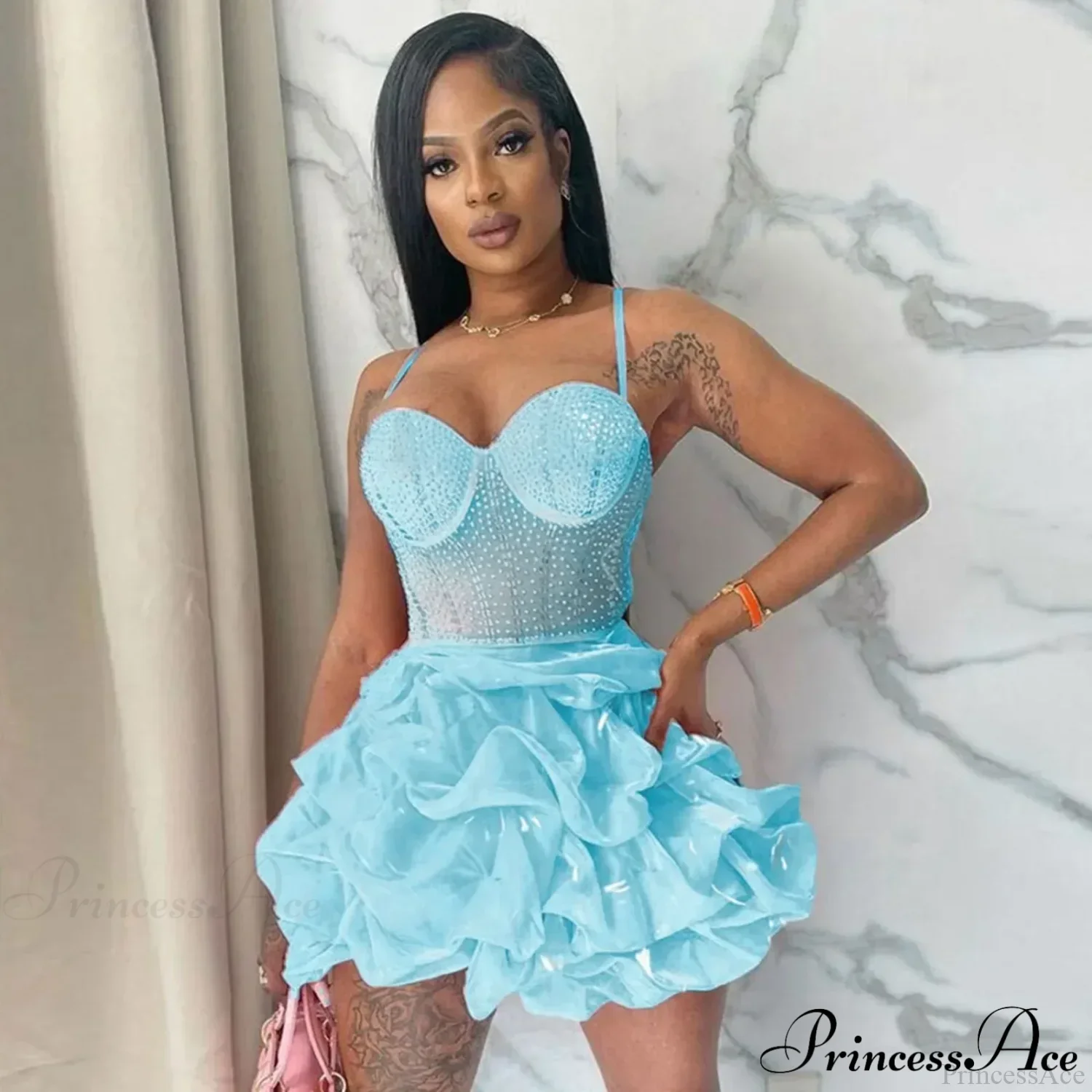Sexy Fitted Rhinestone Elastic Tiered Cami Dress - Image 6