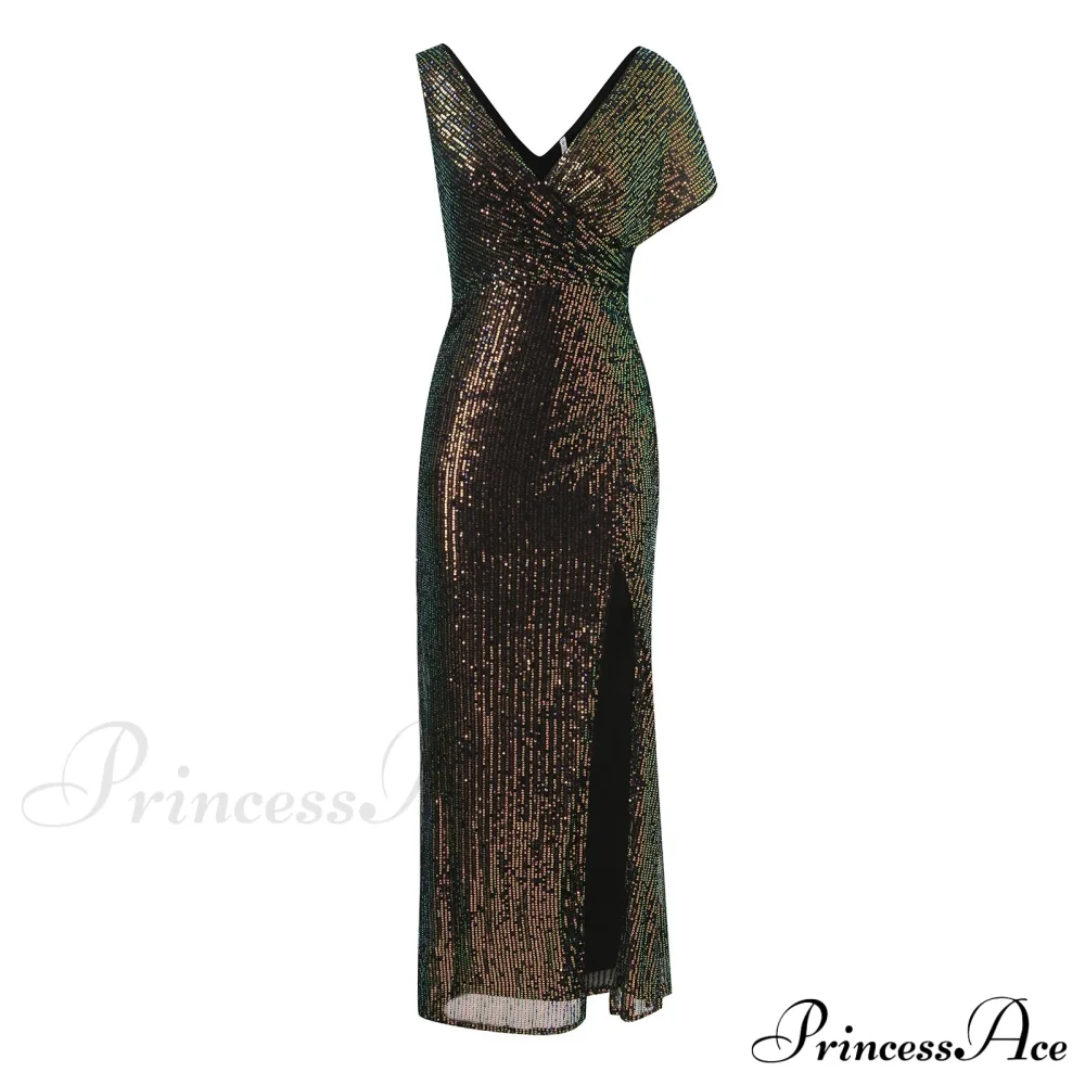 Elegant Sequined One-Shoulder Ruffled Side-Split Draped Evening Prom Maxi Dress - Image 3