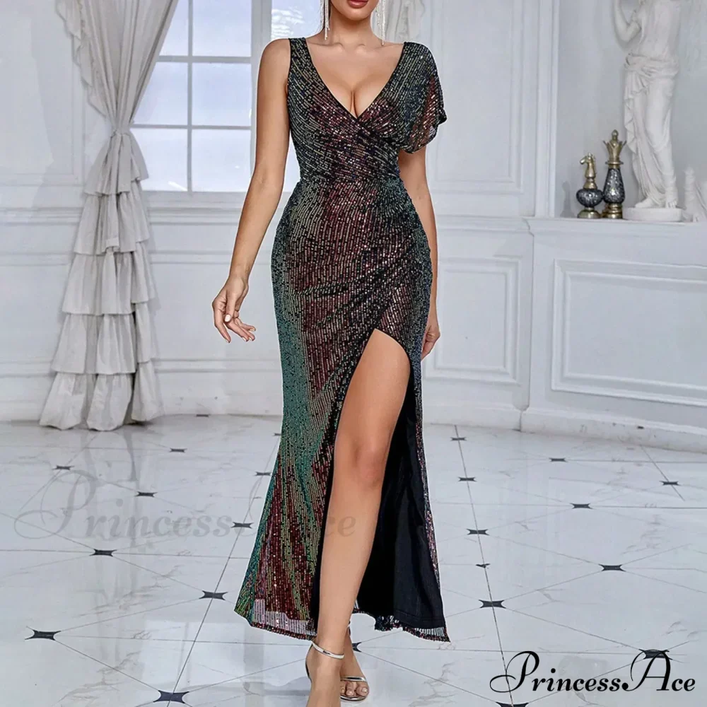 Elegant Sequined One-Shoulder Ruffled Side-Split Draped Evening Prom Maxi Dress - Image 5