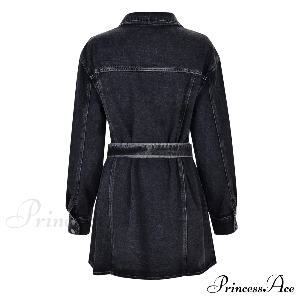 Fashionable Slim Mid-Cuff Belted Denim Office Spring Casual Long-Sleeve Women's Dress - Image 5