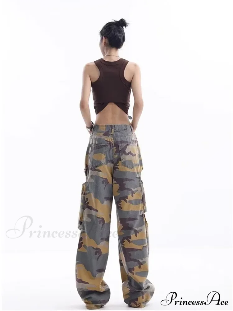 Loose Splashed Ink Speaker Camouflage Pants Trendy Hip-Hop Vintage Versatile Work Clothes Pants Wide Leg Pants Women's Jean - Image 6