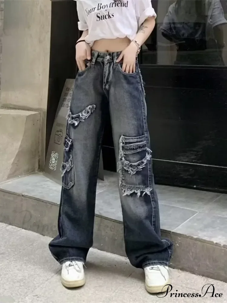 Summer Vintage Washed and Worn Out Versatile Straight Drop High Waist Wide Leg Women's Jean