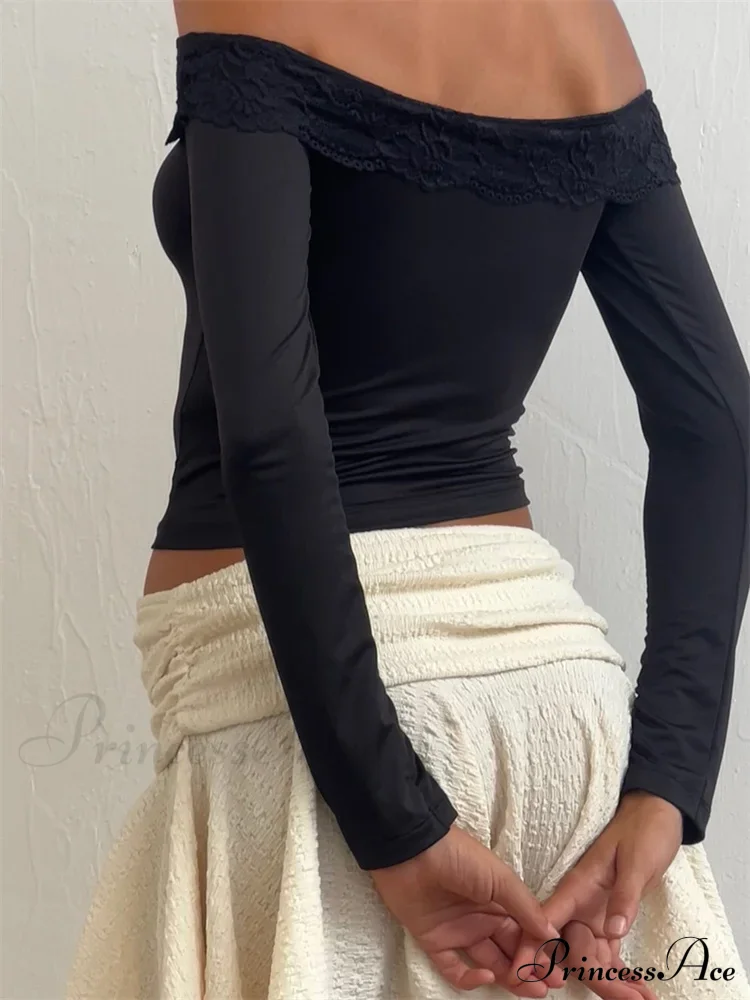 Off Shoulder Cropped Lace Patchwork Long Sleeve Slash Neck T-Shirts - Image 3