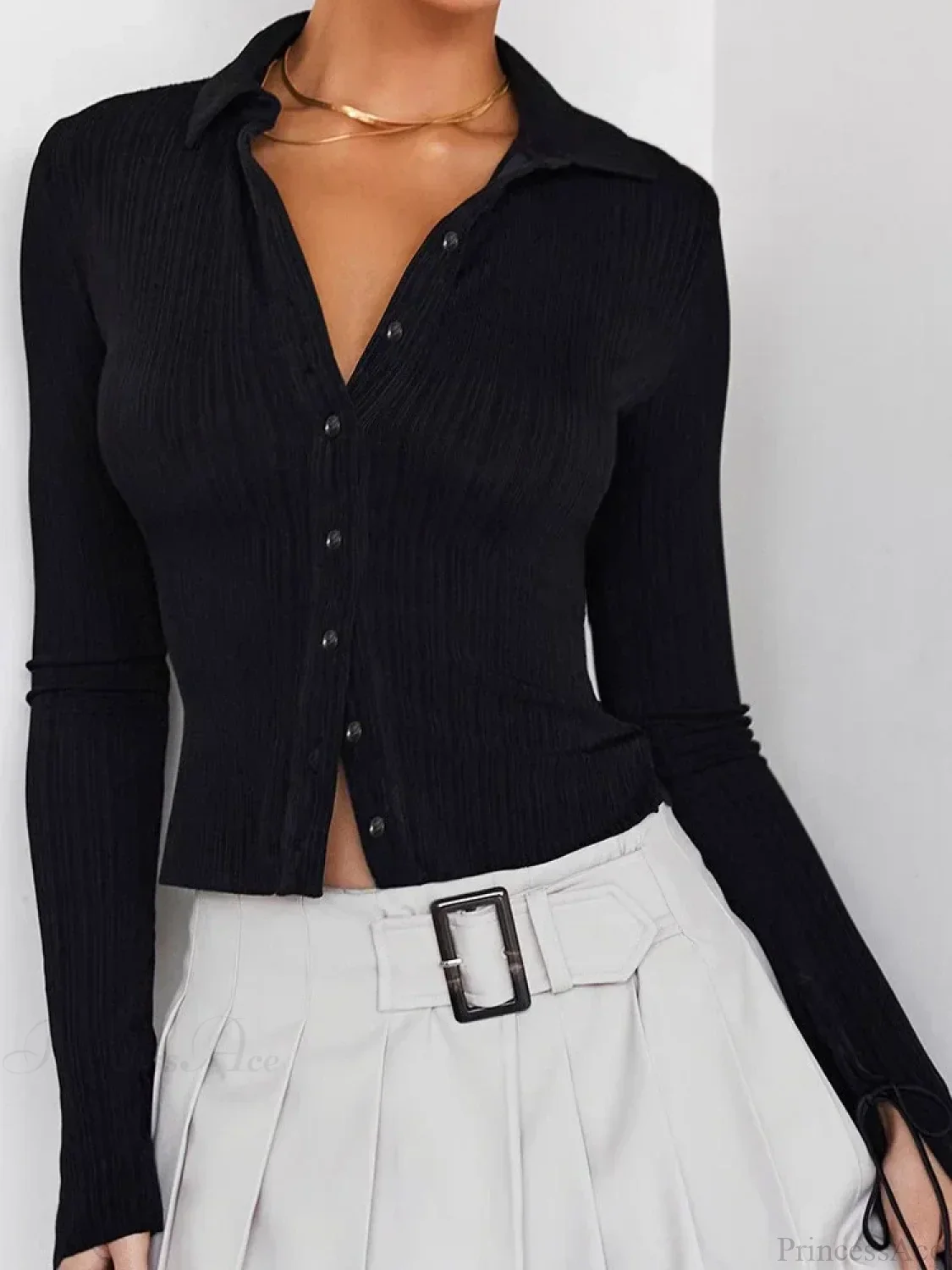 Long Sleeve Casual Turn-Down Collar Button-Down Knit Top - Image 3