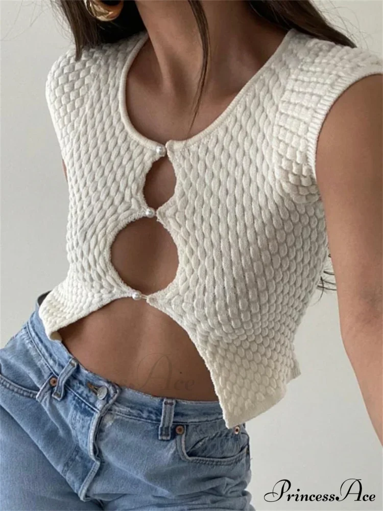 Short Sleeve Ruched O-Neck Buttons Up Y2K Knitted Crop T-shirts - Image 4