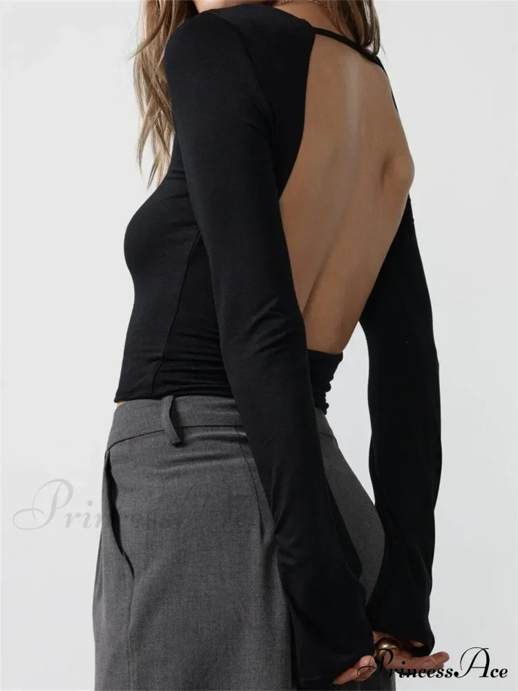 Solid Slim Fit Basic Backless Flare Sleeve T-Shirts - Image 4