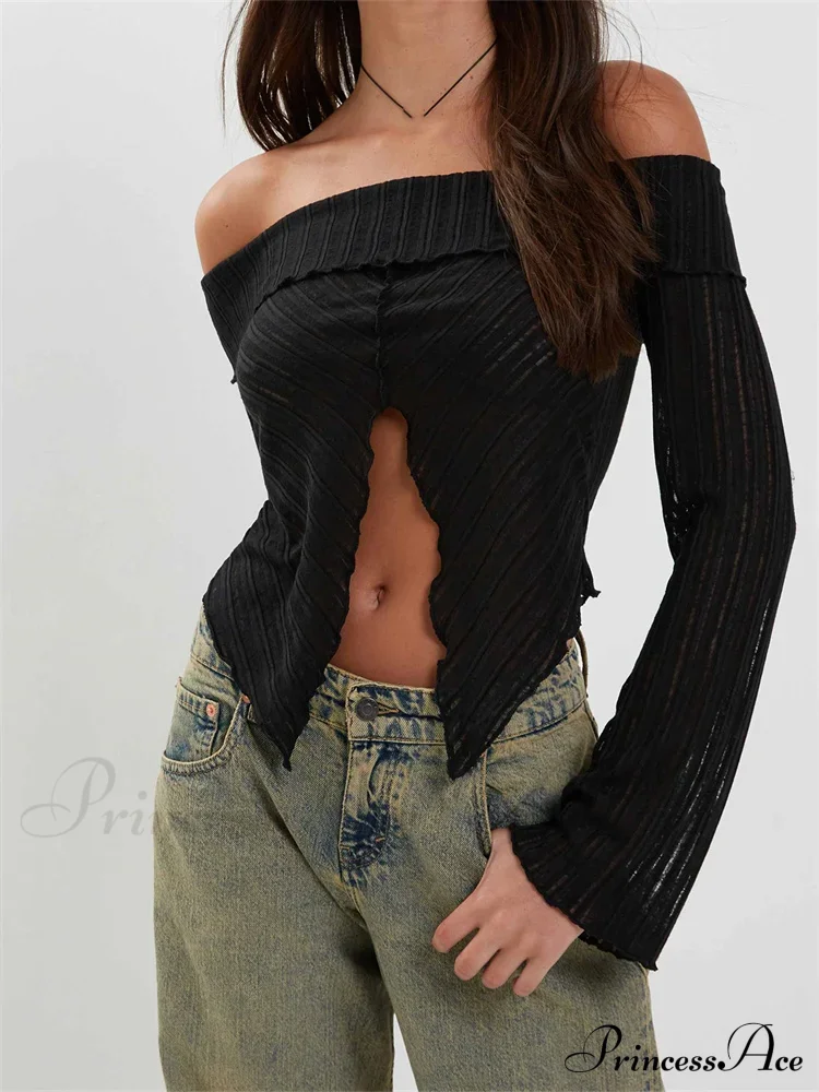Slash Neck Off Shoulder Solid Color Slim Fit T-Shirts - Image 7