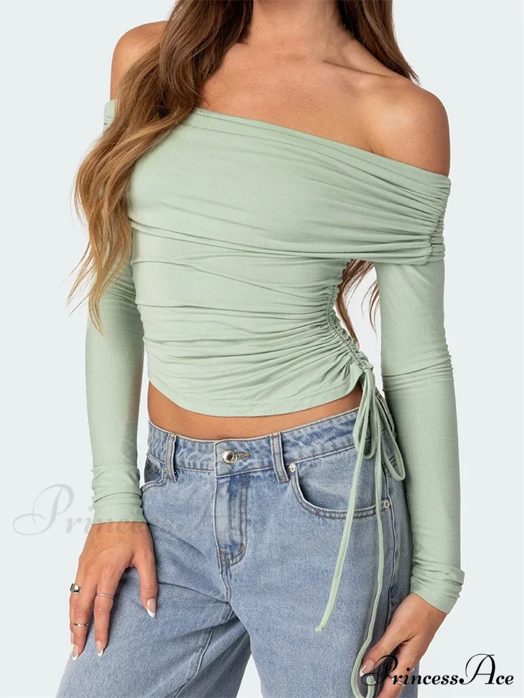 90s Off Shoulder Long Sleeve Slim FitRetro Ruched Tie Up T-Shirts