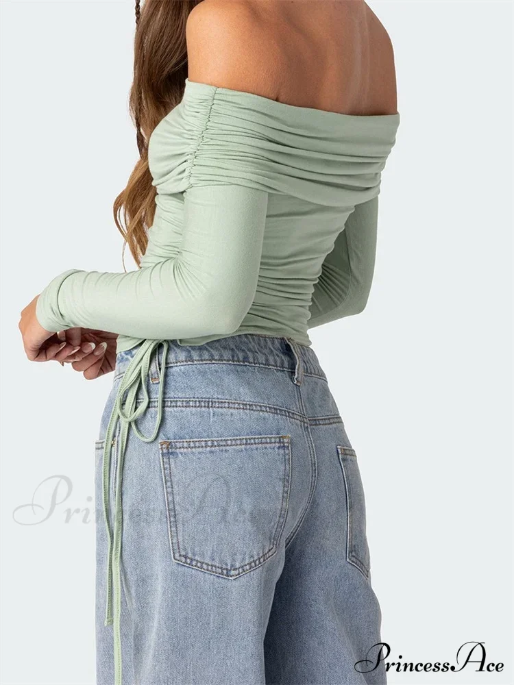 90s Off Shoulder Long Sleeve Slim FitRetro Ruched Tie Up T-Shirts - Image 2