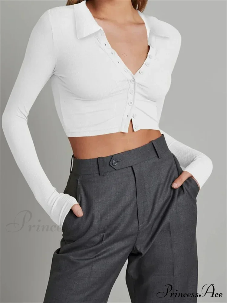 Solid Color Long Sleeve Basic Cropped Ribbed T-shirts - Image 3