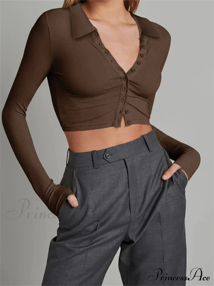 Solid Color Long Sleeve Basic Cropped Ribbed T-shirts - Image 8