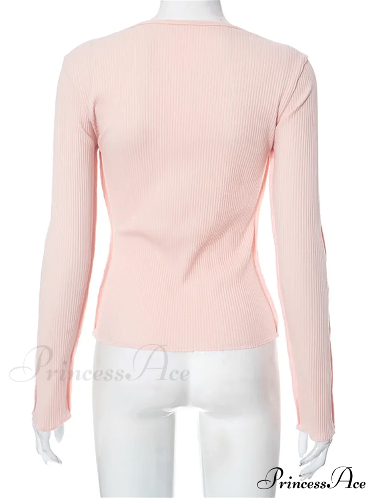Long Sleeve Solid Color Slim Fit Ribbed Button Up T-shirts - Image 5