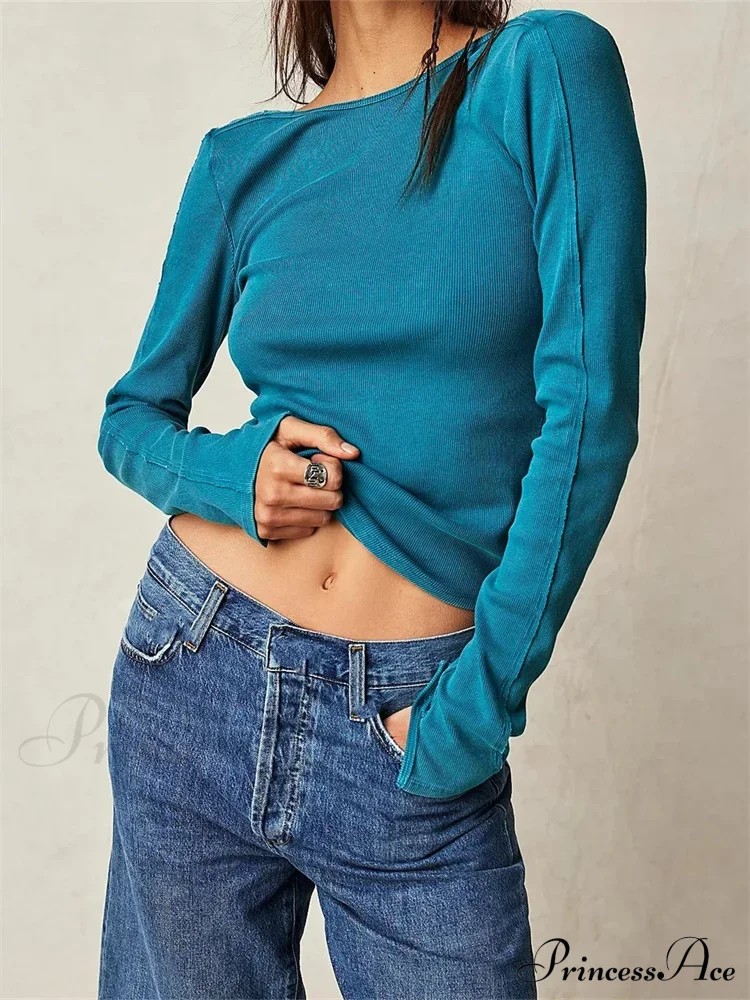 Casual Ribbed Long Sleeve Solid Slim Fit Backless T-Shirts - Image 8