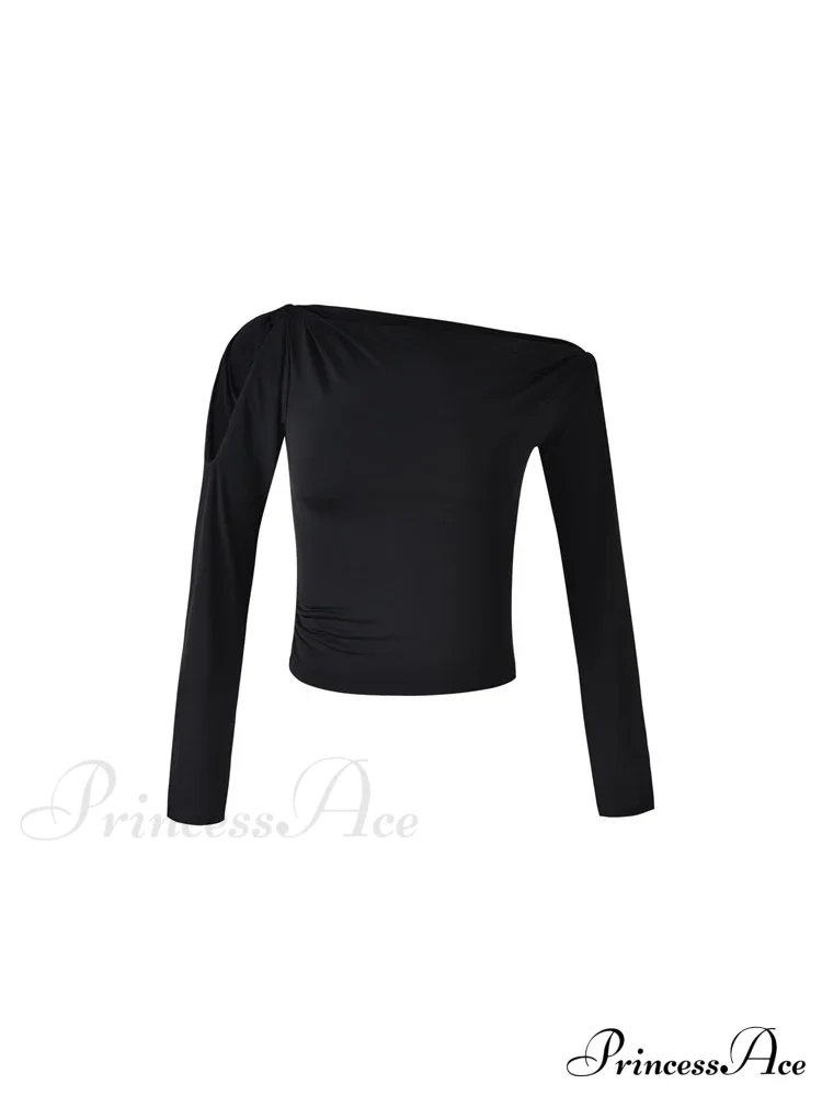 Sexy Off Shoulder Long Sleeve Neck Solid Color Slim Fit T-shirts - Image 3