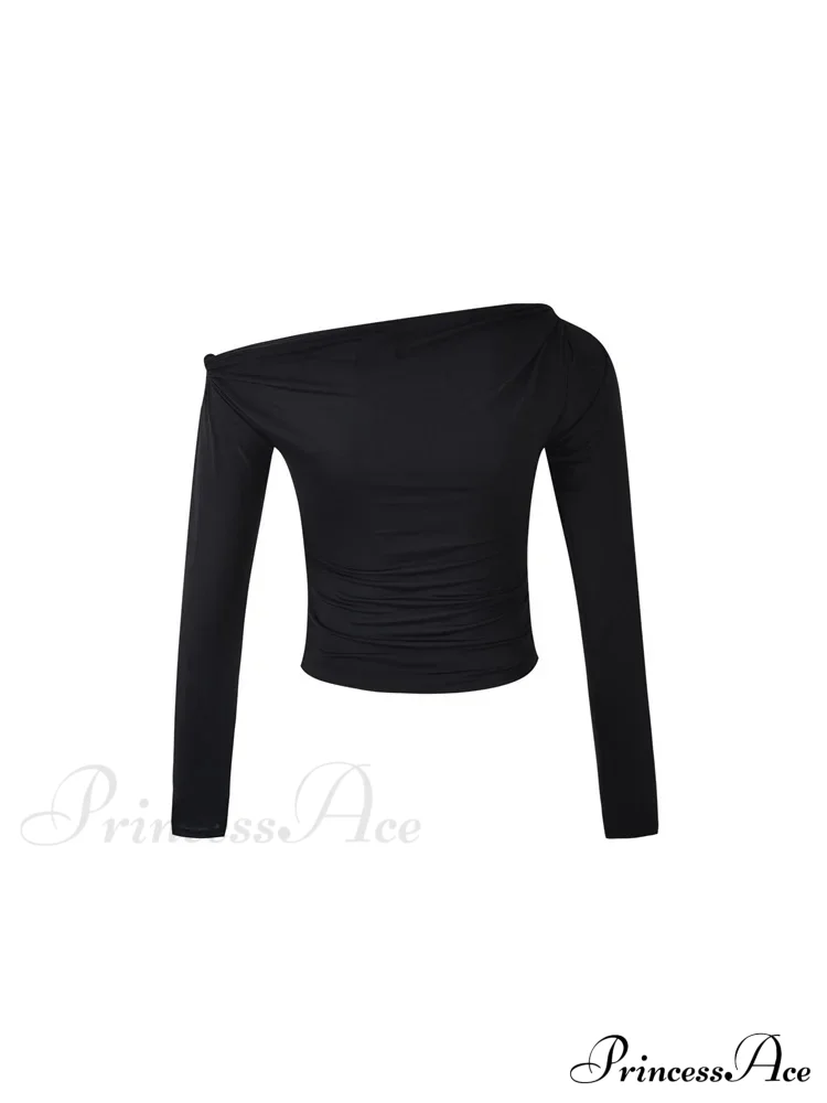 Sexy Off Shoulder Long Sleeve Neck Solid Color Slim Fit T-shirts - Image 6