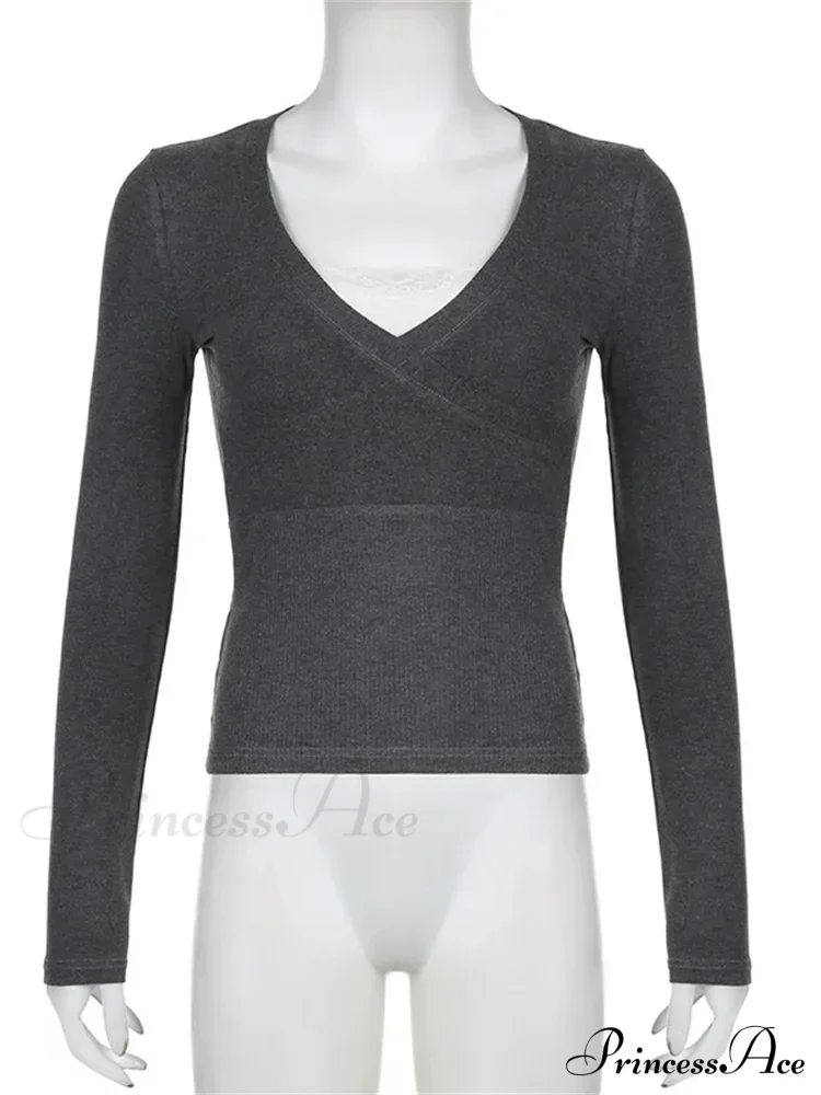 Retro Lace Patchwork Slim FitLong Sleeve V-Neck T-Shirts - Image 3
